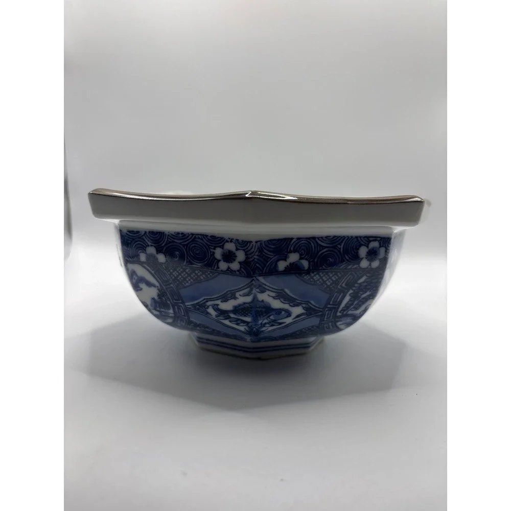 Japanese Blue and White Porcelain Octagonal Bowl Fish Floral Motif Sometsuke